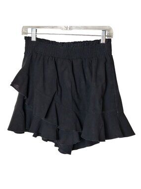 Womens S Linen Skort Black Ruffled Elastic Waist Asymmetrical Advent Garde Edgy